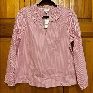 NWT J Crew Striped Ruffle Blouse White Pink - Size Small